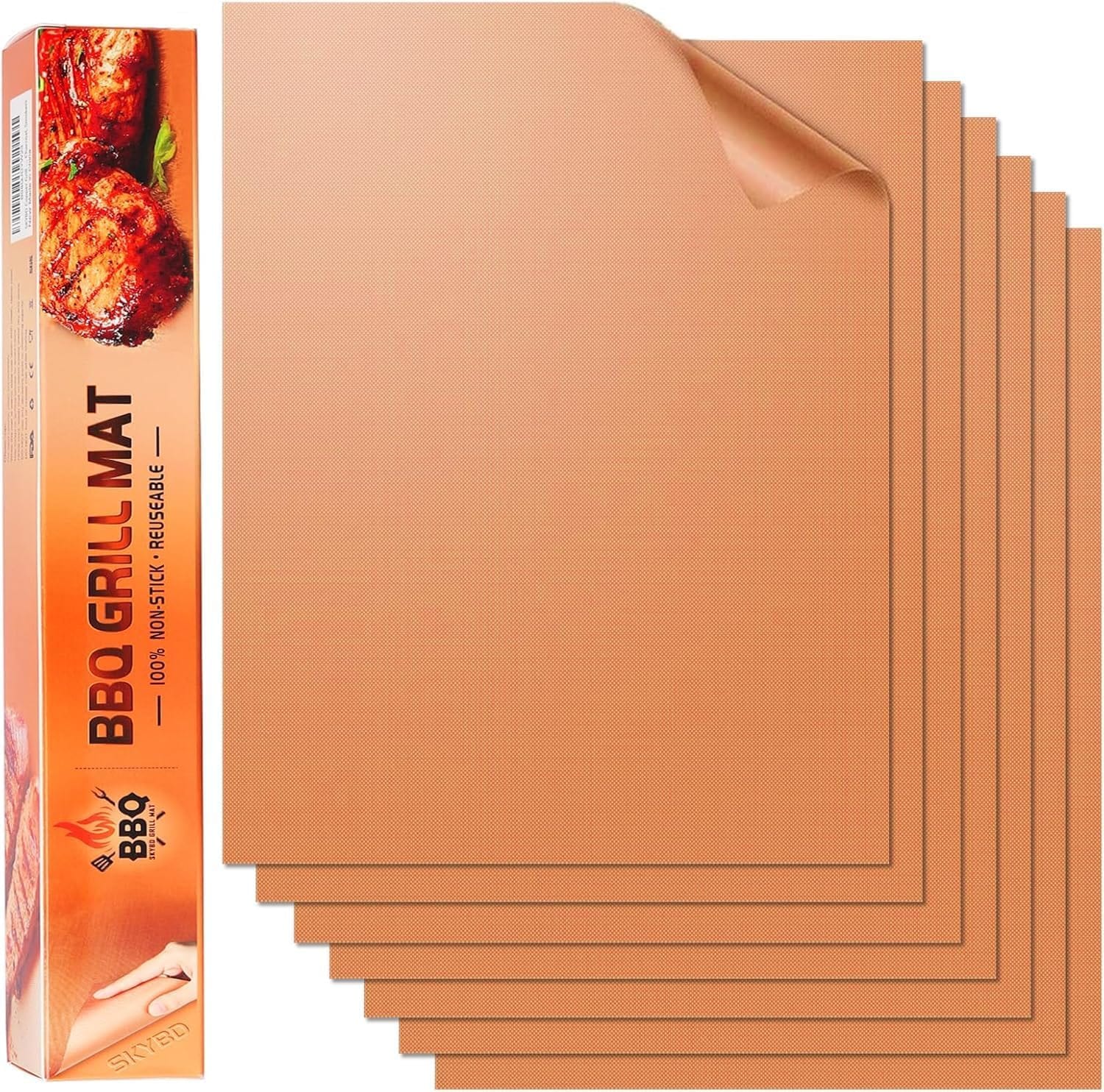 ESYWIND BBQ Grill Mat Set of 5 – Non-Stick Reusable Copper Grilling Mats for Outdoor BBQ