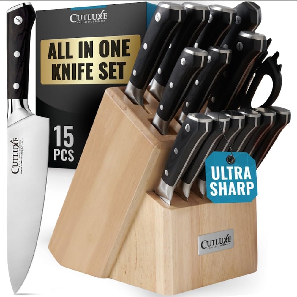 SEMMIRO 15-Piece Knife Set with Block – German Stainless Steel Cutlery for Home Kitchen