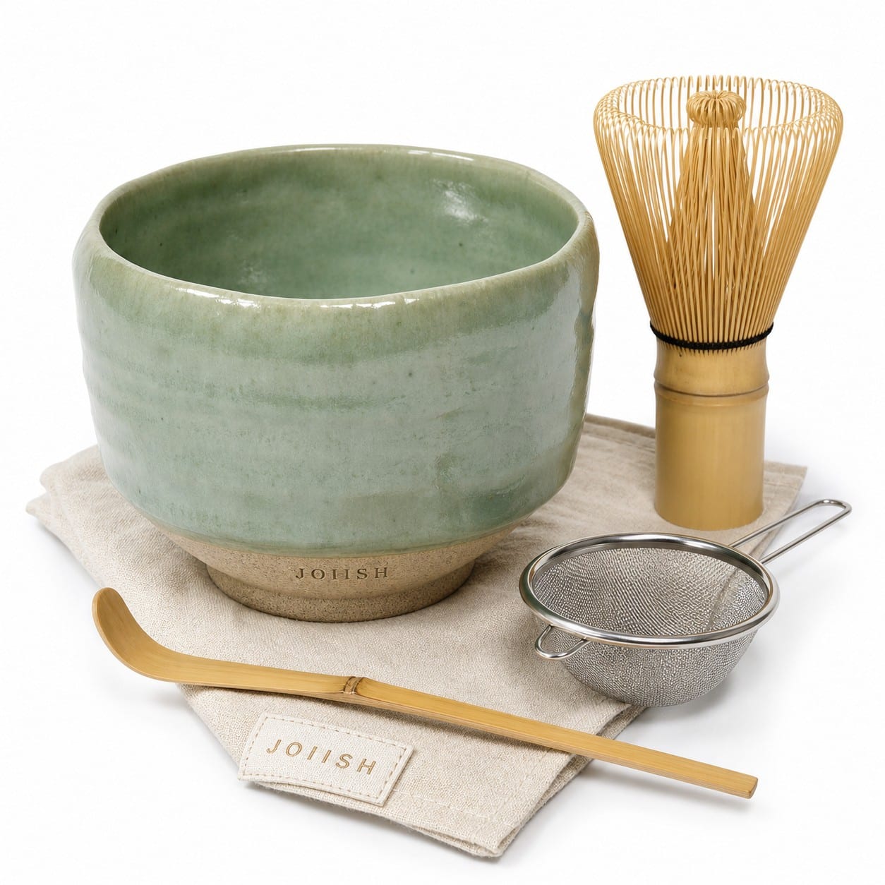 JOIISH Japanese Matcha Tea Set - Ceramic Chawan Bowl with Bamboo Whisk, Scoop, Sifter & Linen Cloth, 5-Piece Traditional Green Tea Ceremony Kit